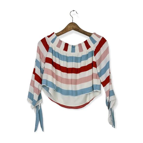 Lovers + Friends Dream Lover Red Blue Stripe Off Shoulder Top Size M - Picture 2 of 7
